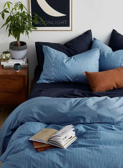 Bedroom with blue bedding, pillows, and a plant on a nightstand.